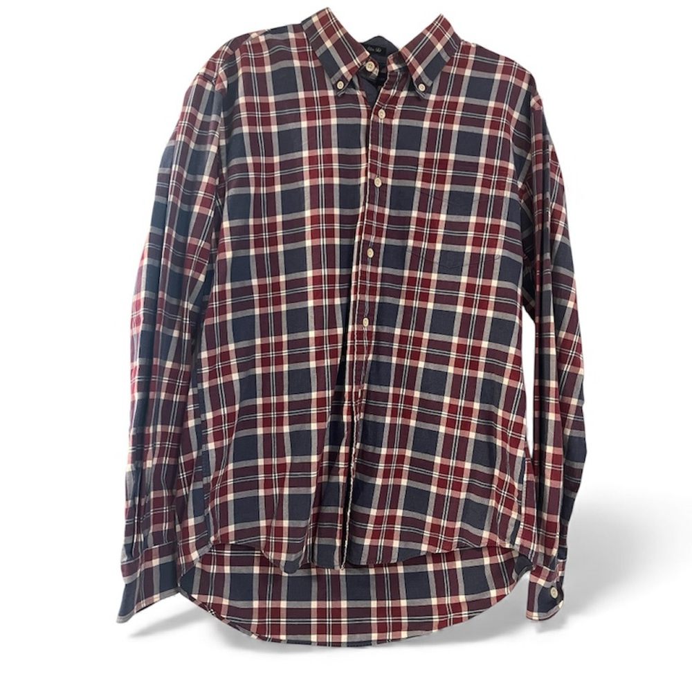 Tommy Hilfiger Slim Fit Button Down Dress Shirt Oxford Plaid Blue Red